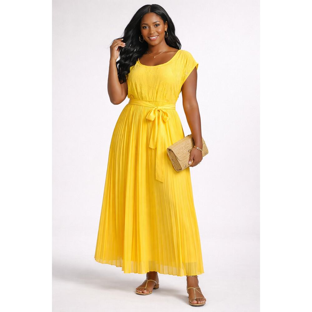 Lane Bryant Yellow Pleated Maxi Dress 18/20 Tie Waist Cap Sleeve Plus Size